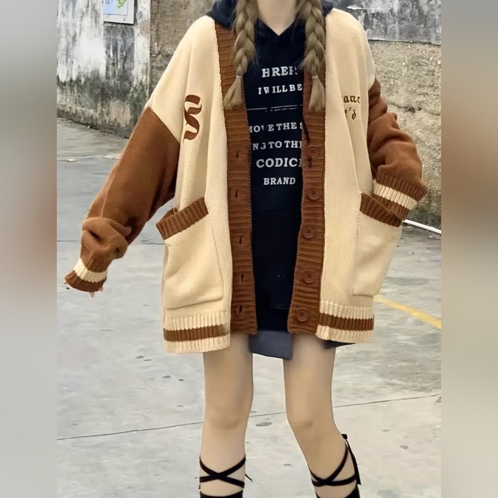 Embroidered Color Block Drop Shoulder Cardigan Pr… - image 1